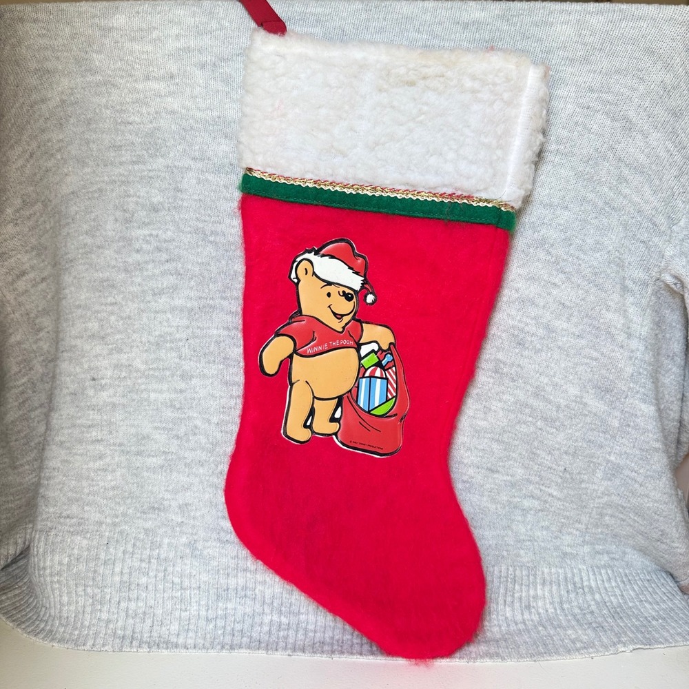 Vintage Winnie the Pooh Christmas Stocking Walt Disney Productions Red Felt